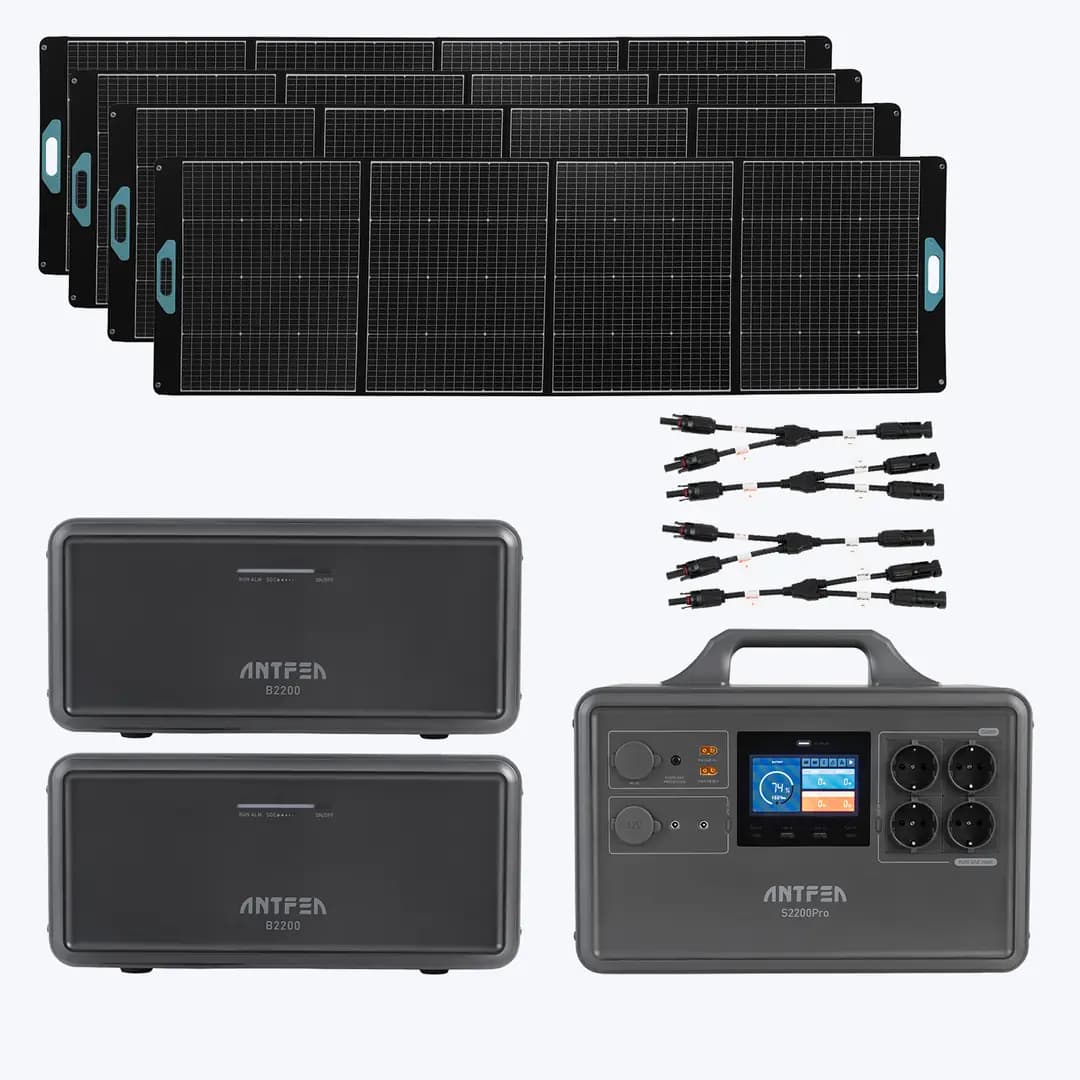 ANTFEA S2200 Pro Taşınabilir Güç Kaynağı + 2 adet B2200 Backup Yedek Batarya + 4 adet 300W Taşınabilir Güneş Paneli + 2